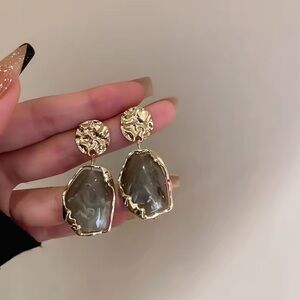 Gold and Gray Stone Drop Earrings